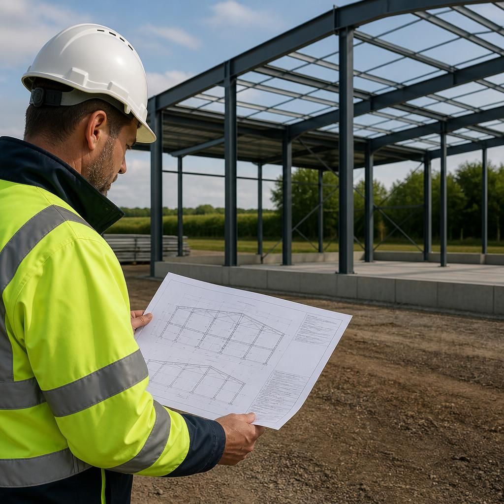 Person reviewing steel building drawings beside a completed structural frame