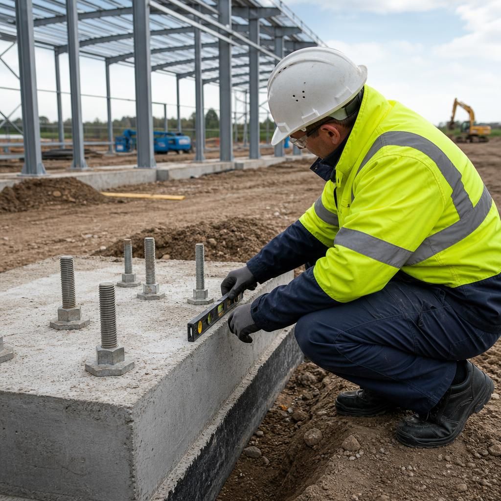 Surveyor checking foundation bolts and concrete levels before steel frame erection