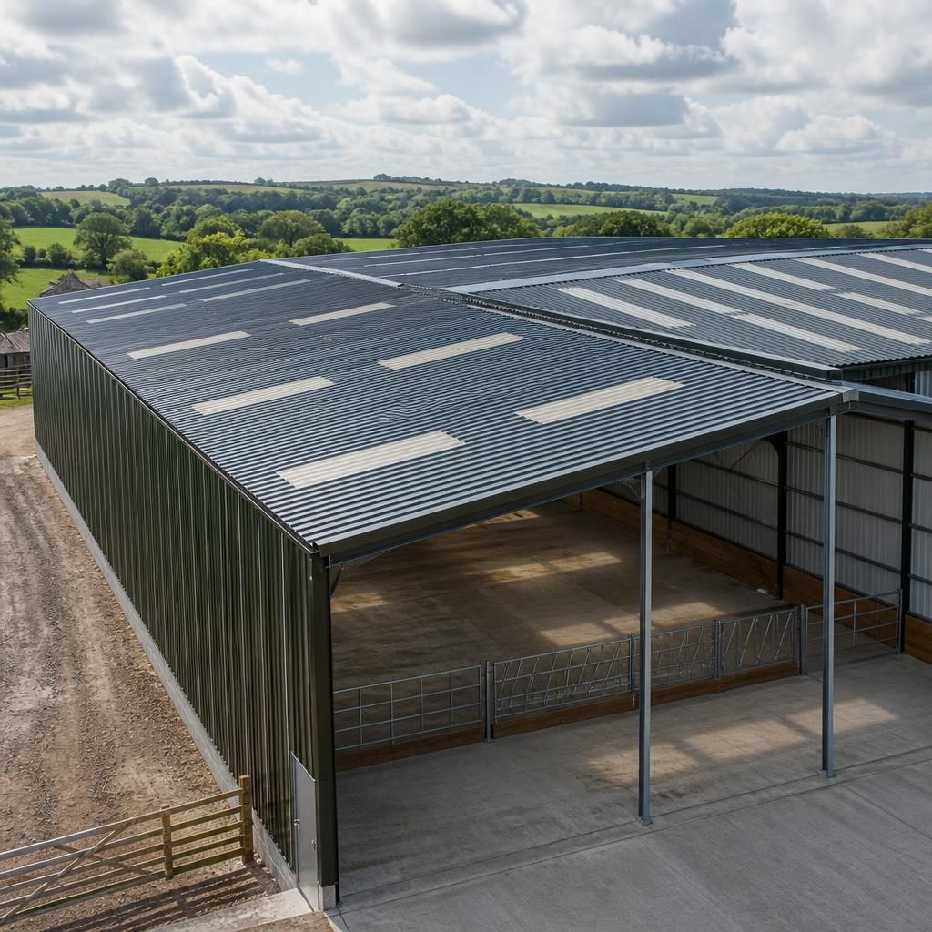 Steel-framed agricultural building with metal roof panels across repeated roof bays