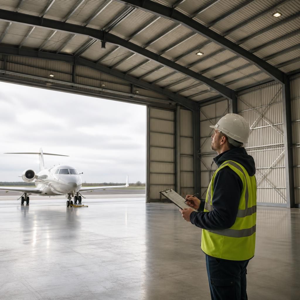 Technician inspecting steel connections and roof cladding inside an aircraft hangar