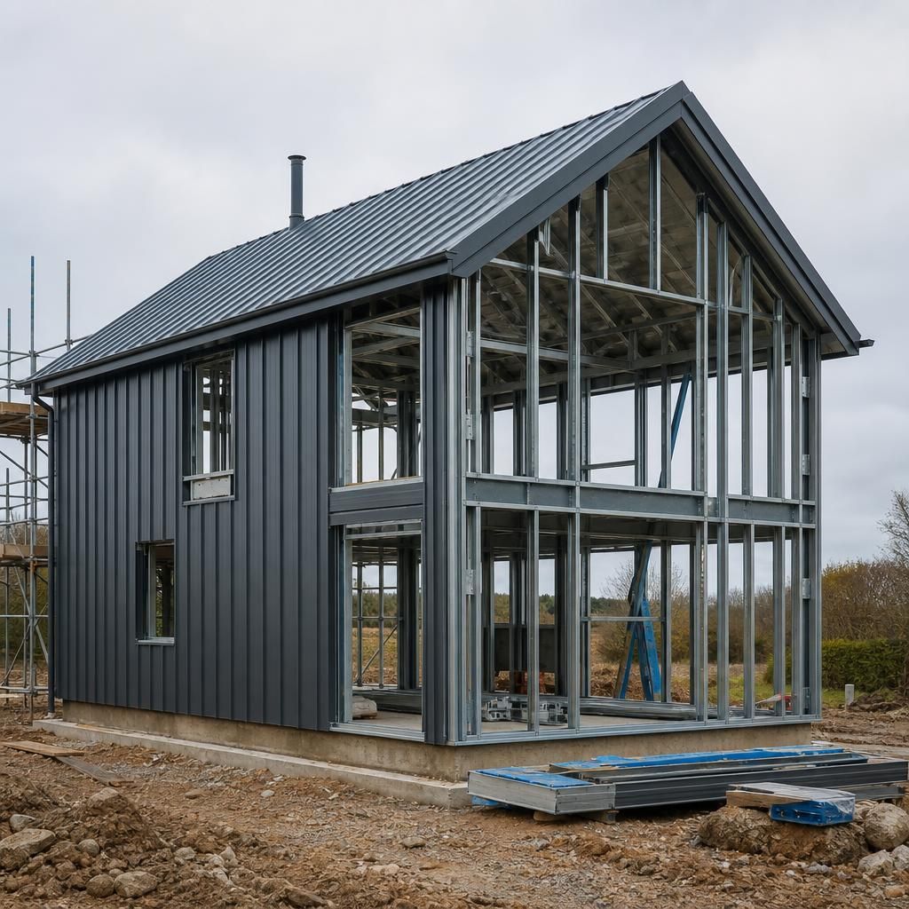 Partially completed steel framed home with external cladding and roof panels