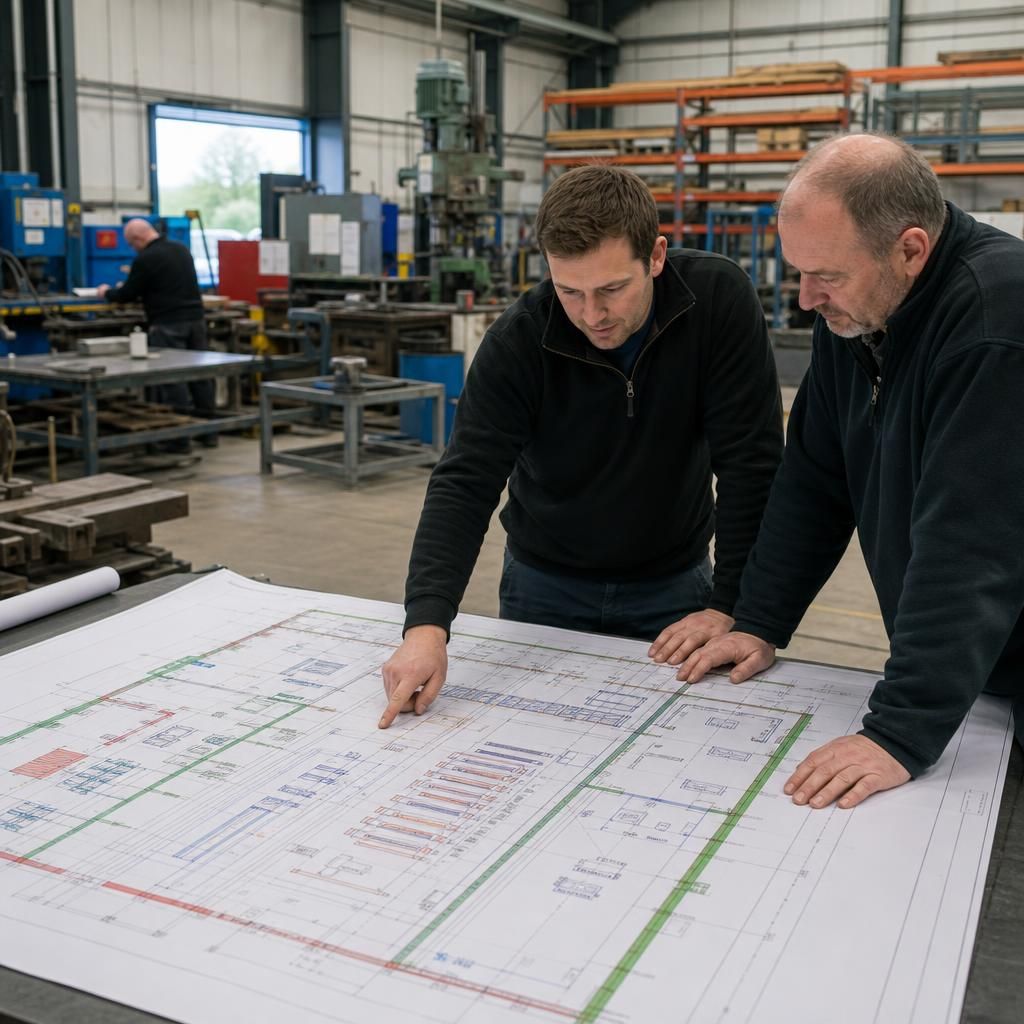 Scaled floor plan showing machinery, storage zones and circulation routes in an industrial workshop