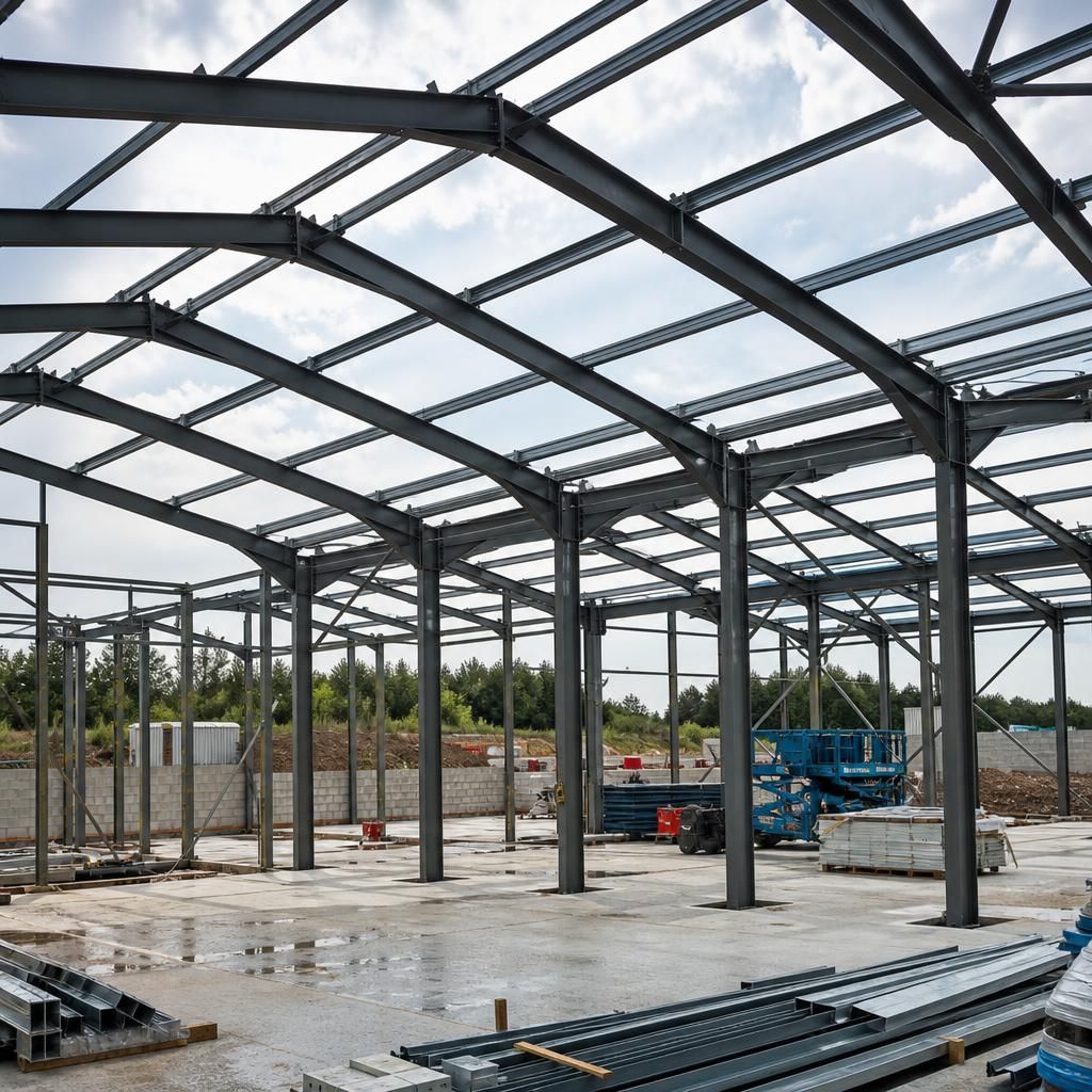 Steel building frame with columns, rafters and bracing under construction