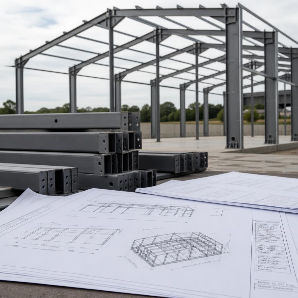 Hot rolled steel frame alongside technical fabrication drawings