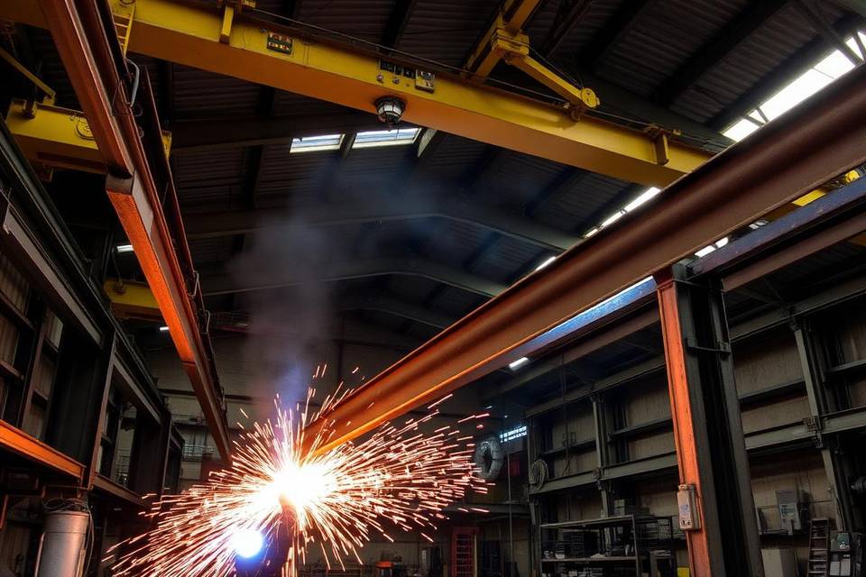 Steel portal frame beams being fabricated in the Buildings UK workshop
