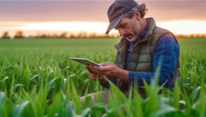 Farmer using tablet technology to check on the farm