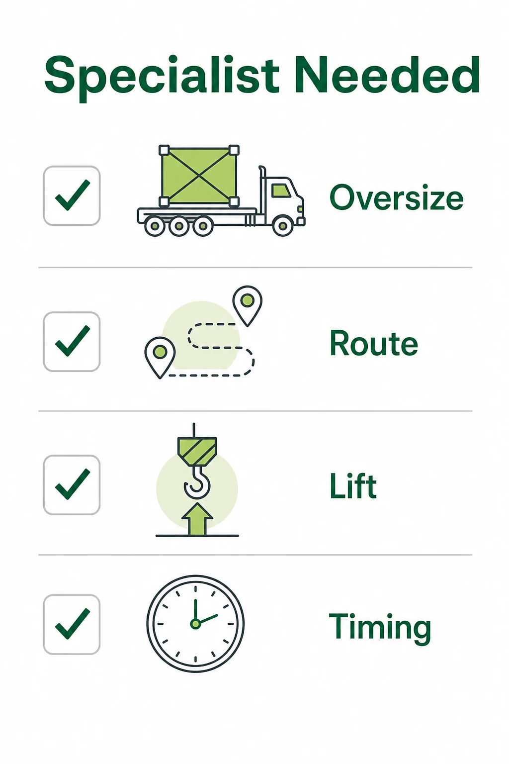 Specialist transport checklist for oversize route lift and timing