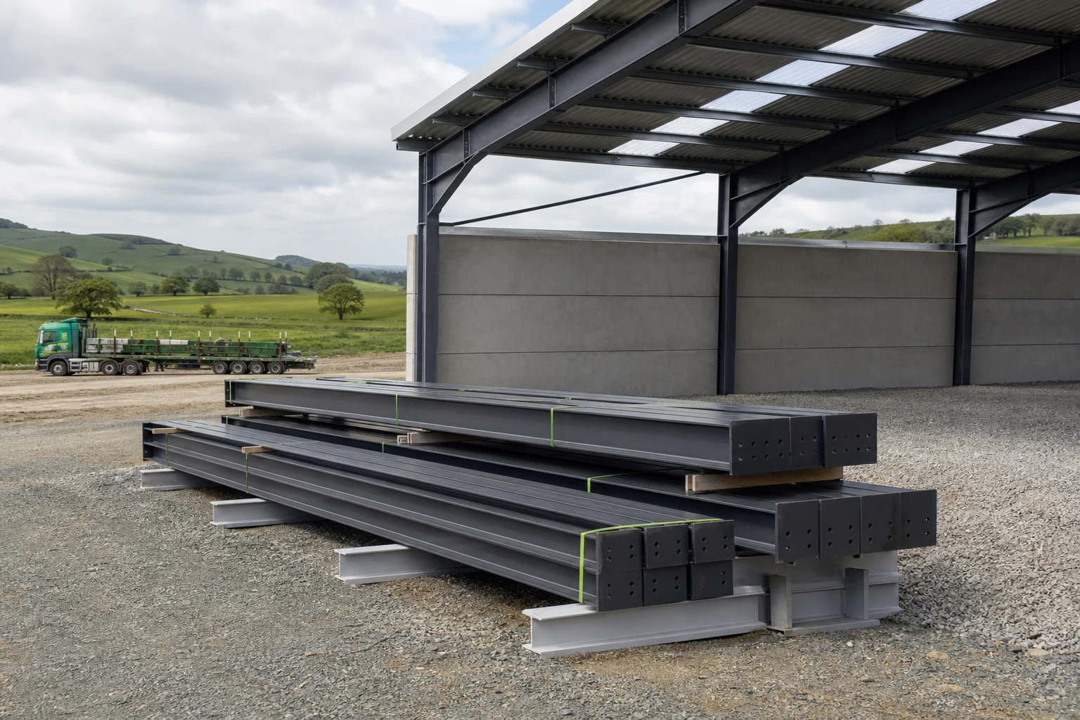 Steel frame sections staged beside a rural steel building project