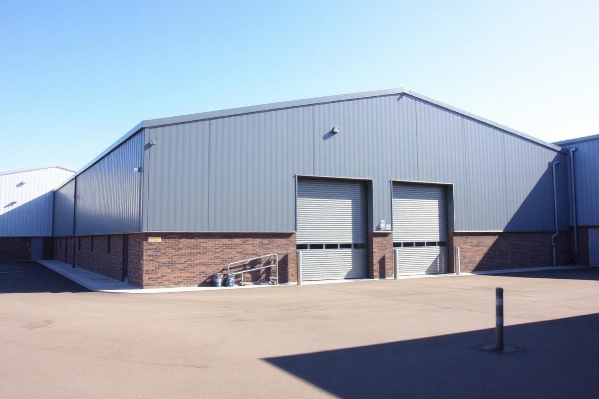 Clear span steel industrial unit with roller shutter doors