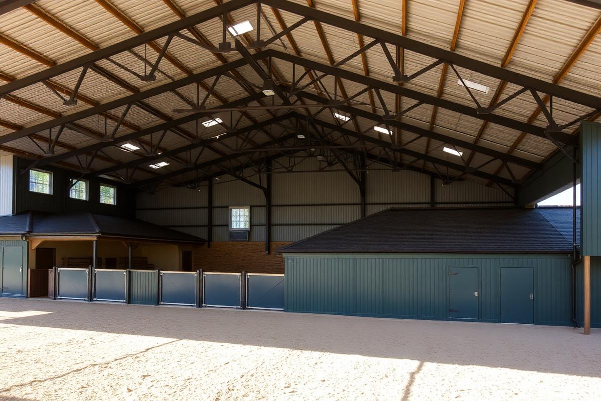 Indoor horse riding stable with a clear span steel roof and roof lights