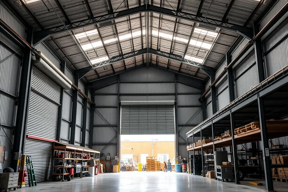 Steel workshop building interior with a roller shutter door and roof lights