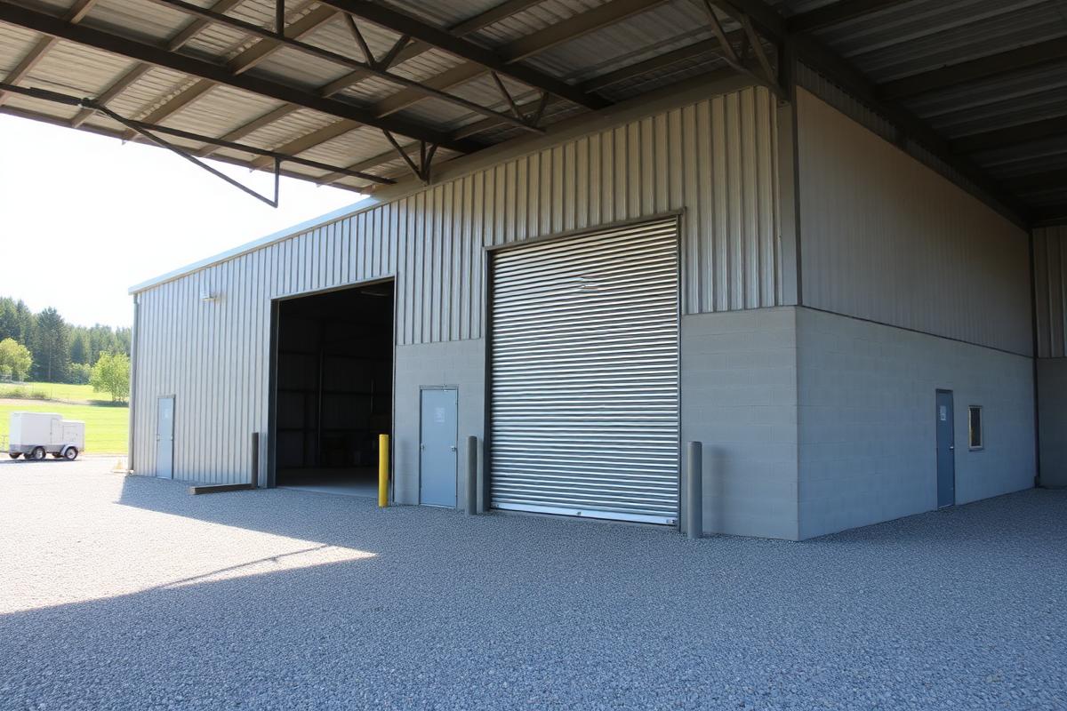 Enclosed steel storage building with roller shutter doors