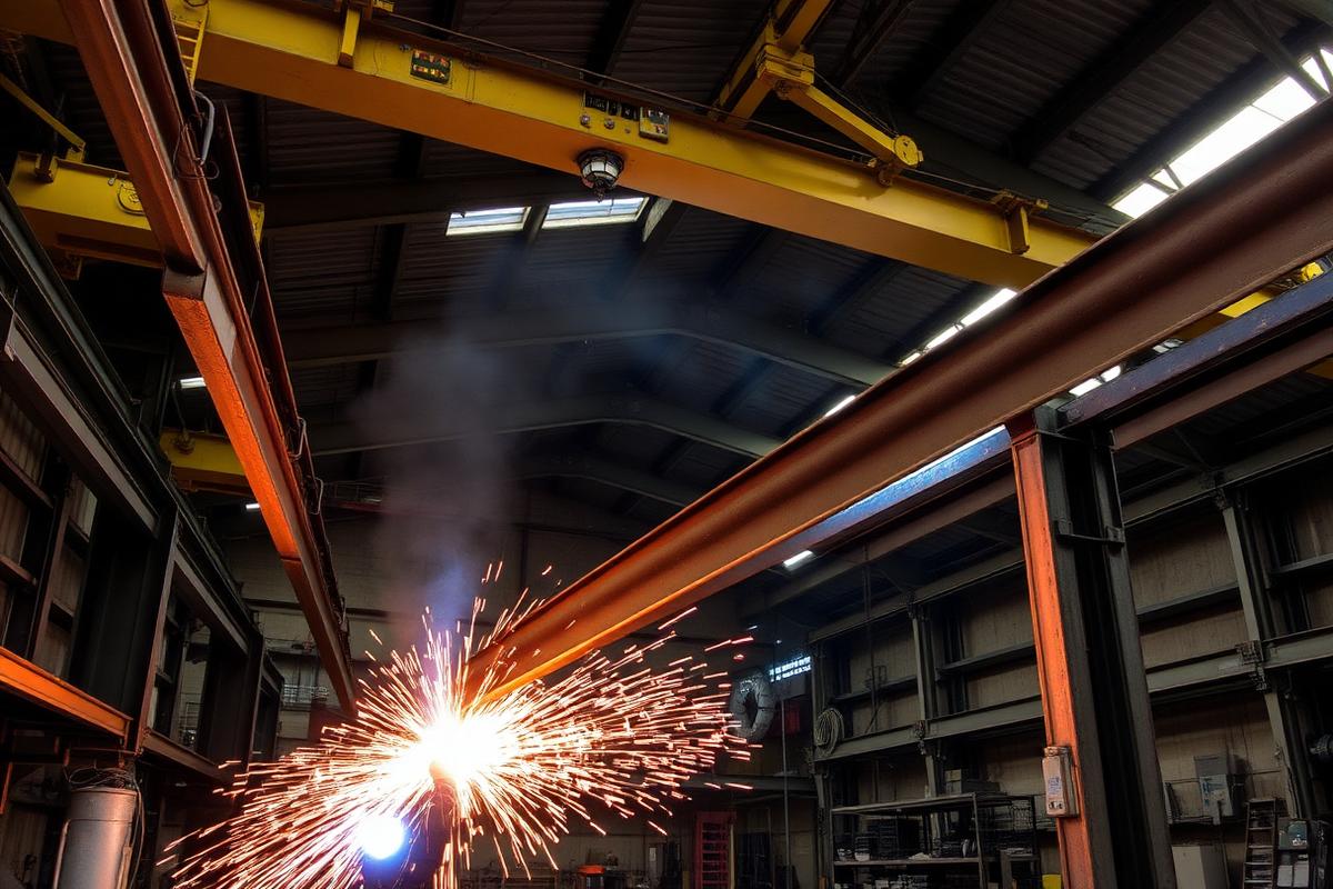 Steel portal frame beams being fabricated in the workshop