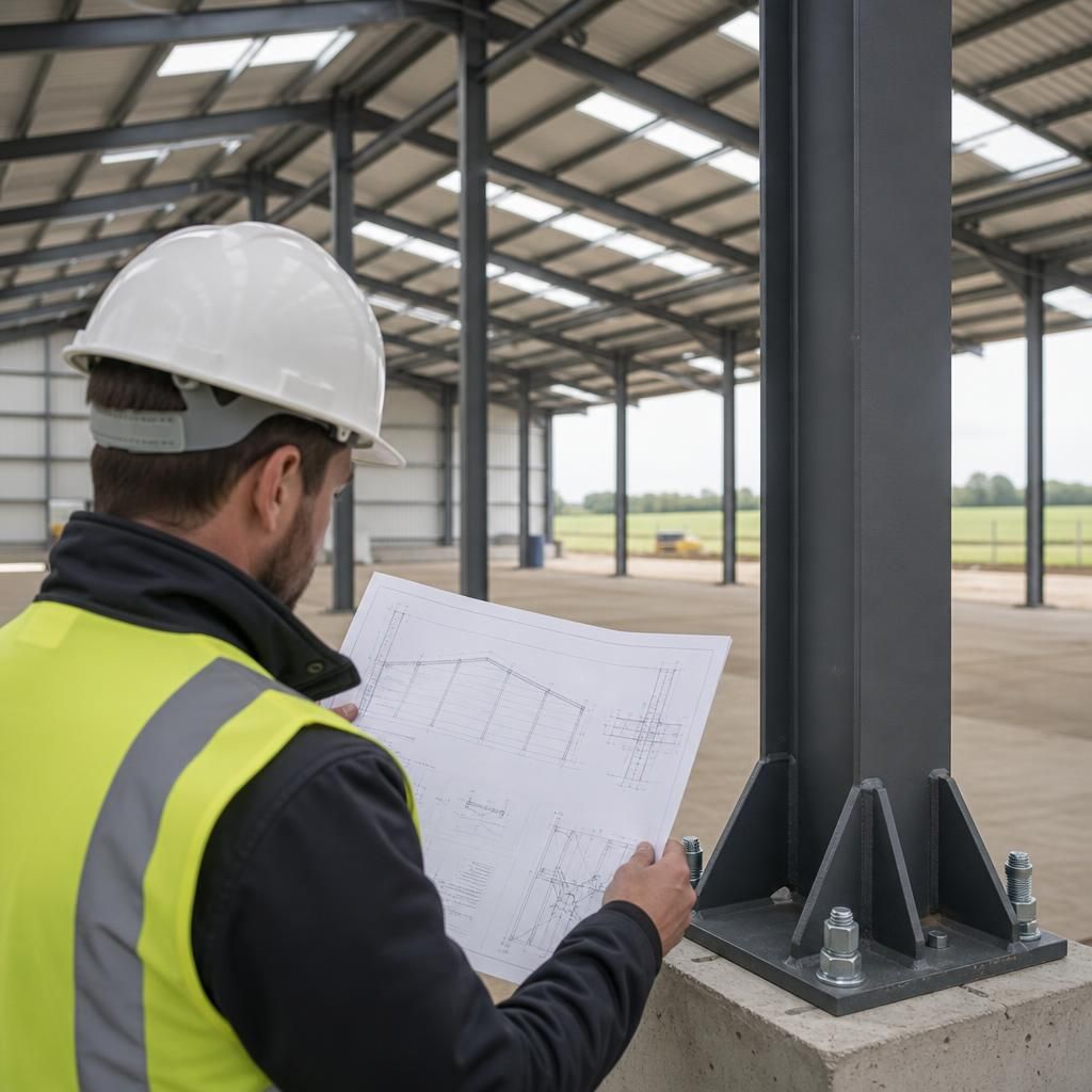 Steel frame being inspected against fabrication drawings inside an agricultural building