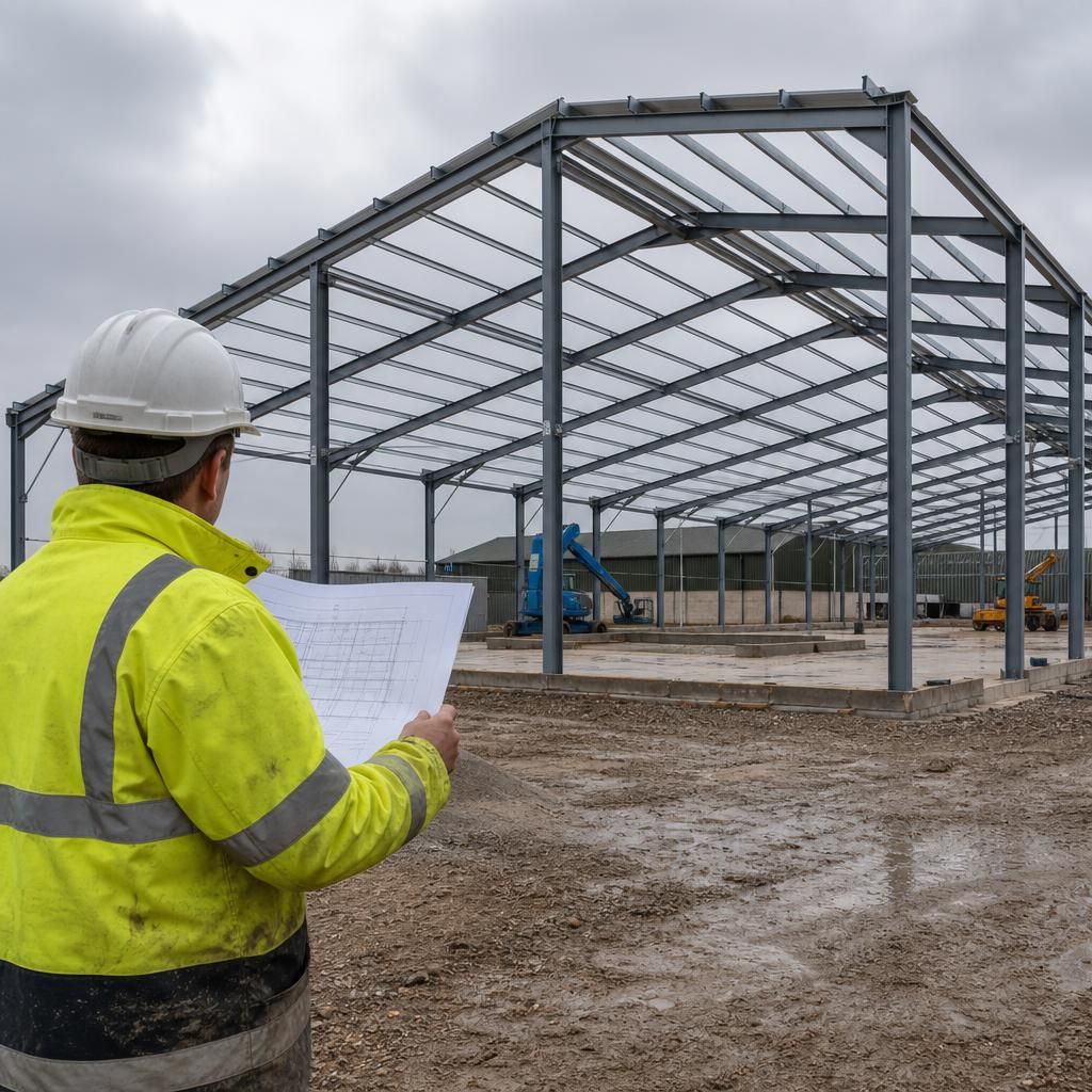 Steel frame of an agricultural building being erected on a prepared farm site