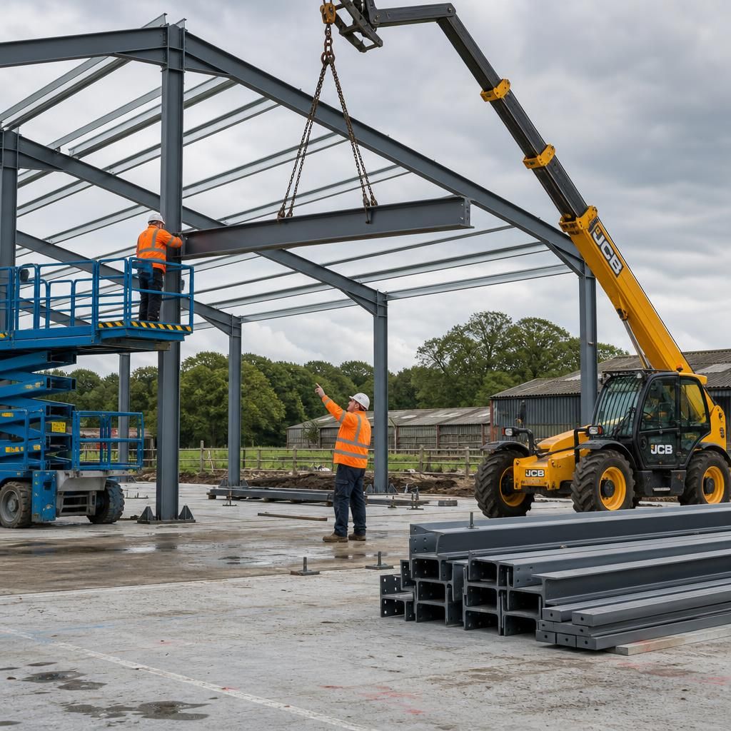 Workers erecting a steel frame for an agricultural building