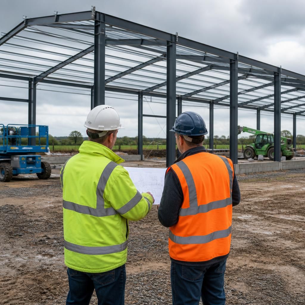 Hot rolled steel frame being assembled for an agricultural building