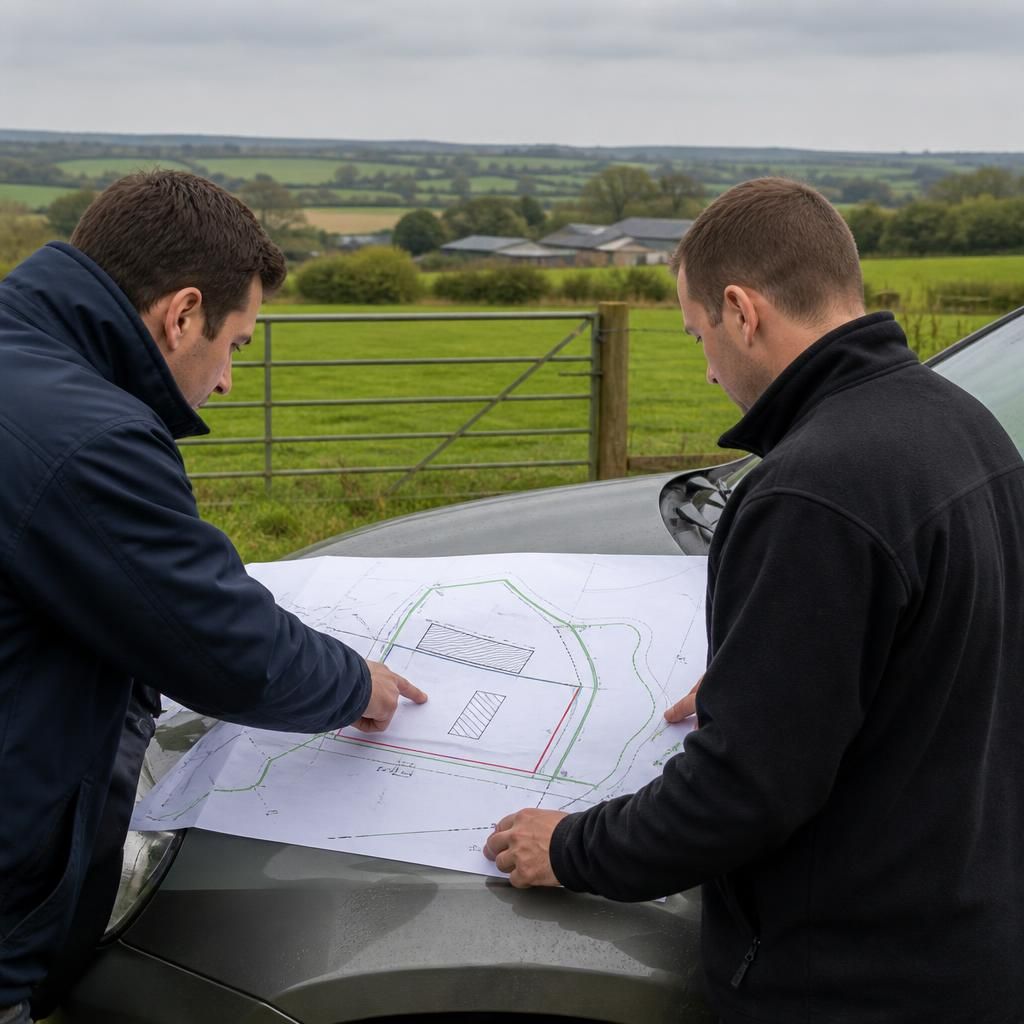 Agricultural site plan marked with building position, access route and boundary lines