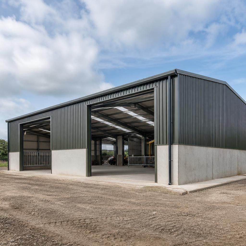 Steel-framed agricultural building with cladding, large access doors and concrete foundations