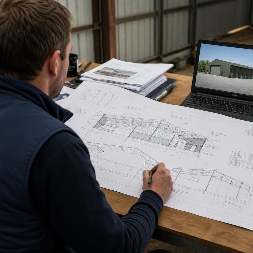 Agricultural building plans showing a steel frame, doors and internal layout