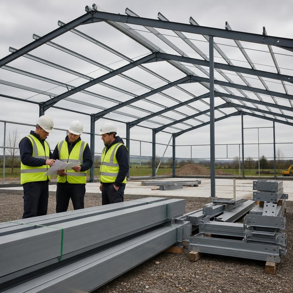 Agricultural steel building frame with portal rafters and columns assembled on a concrete base