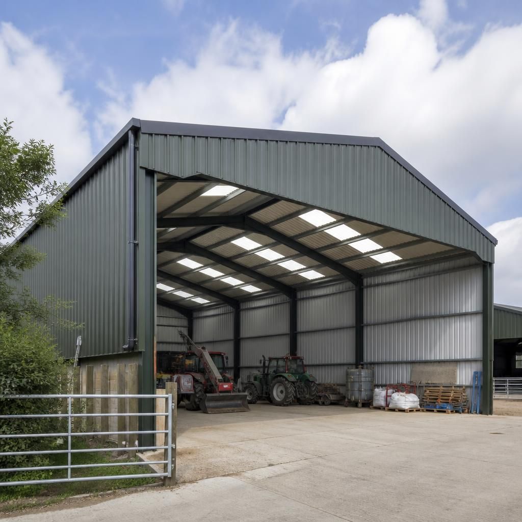Steel-framed agricultural building with a pitched roof and open front