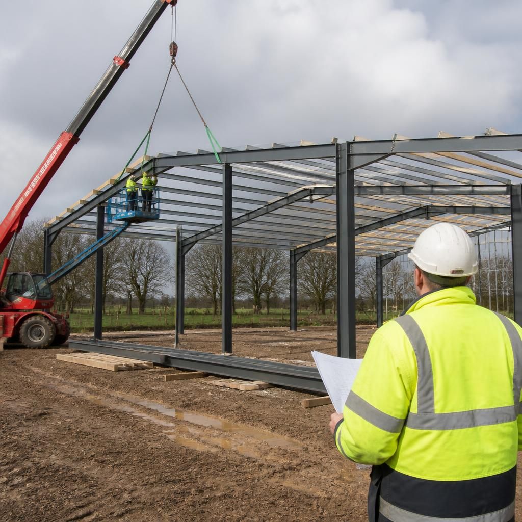 Farm steel frame being assembled with lifting equipment and temporary bracing
