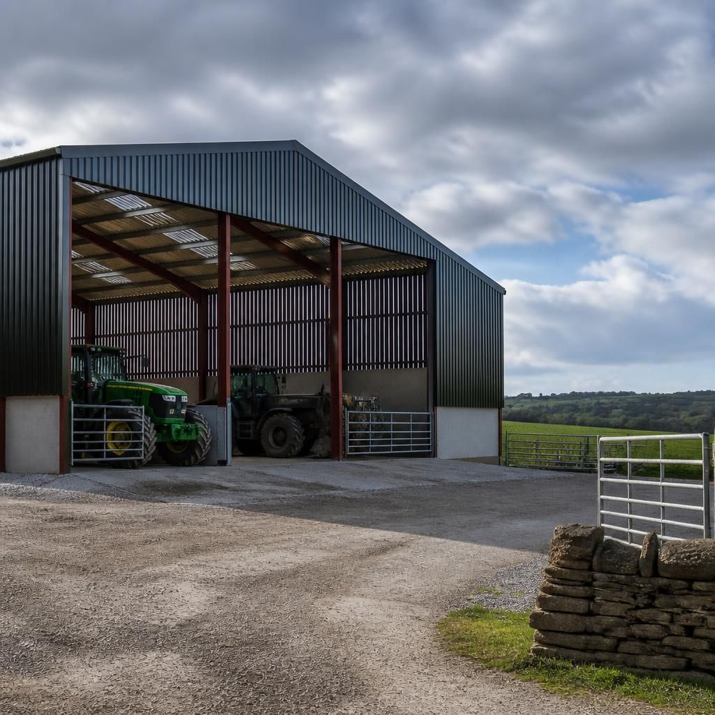 Steel-framed agricultural building beside open farmland
