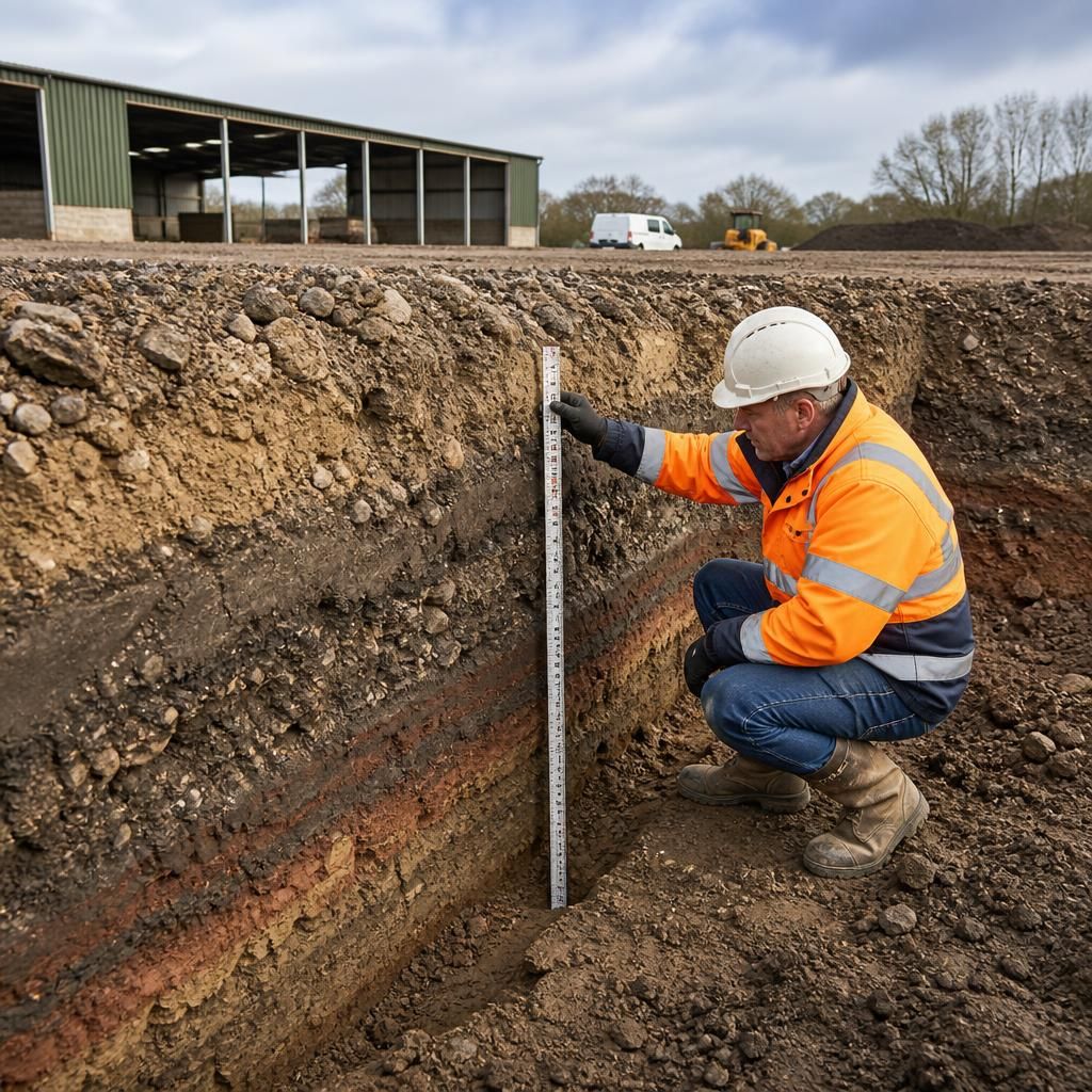 Trial pit exposing soil layers on an agricultural building site