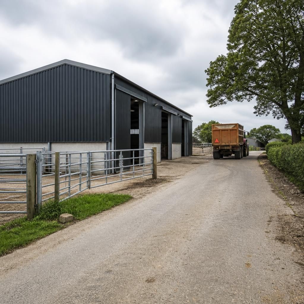 Agricultural building beside a surfaced farmyard access road