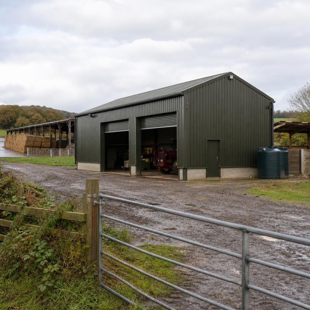 Small steel-framed farm building with roller doors beside a farmyard