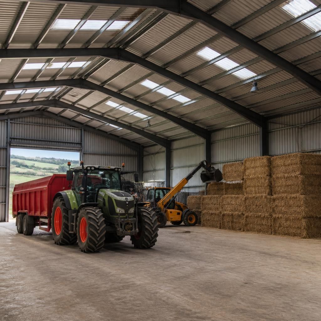 Interior of a steel farm building with a tractor and exposed roof structure