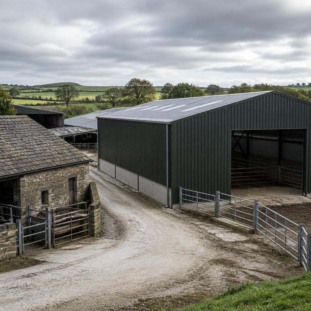 Farmyard steel building beside existing agricultural structures and a rural access track