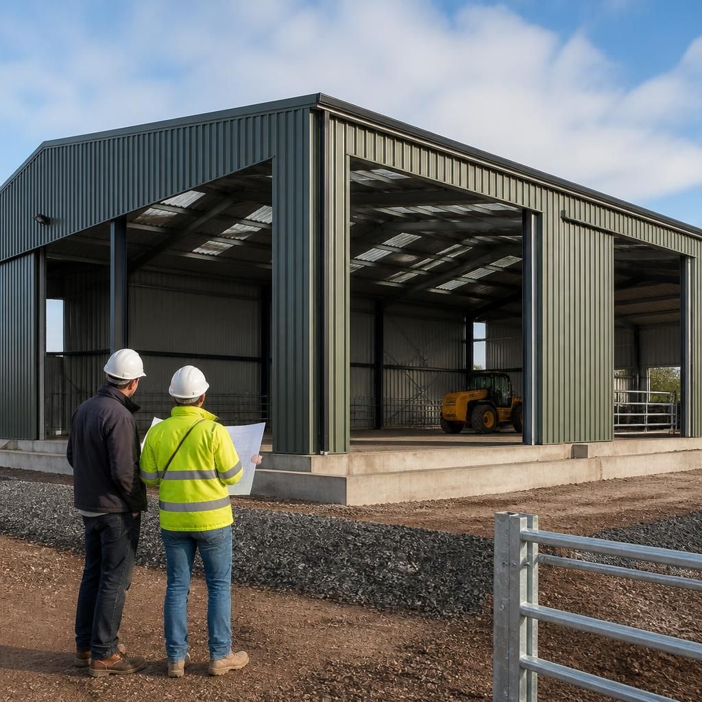 Steel-framed agricultural building with open sides and large sliding doors