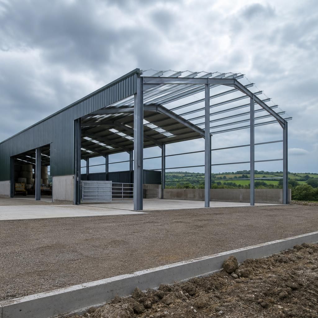 Steel-framed agricultural building with an open end prepared for a future extension