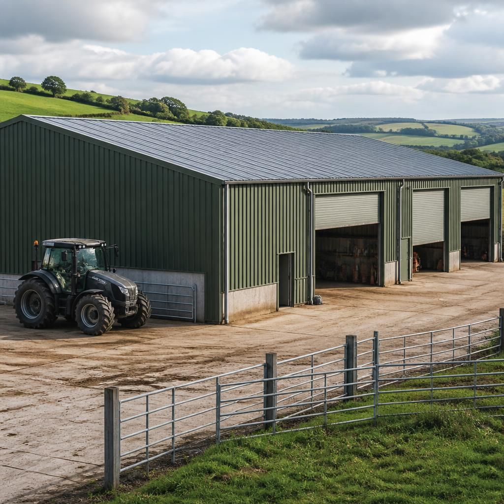 Steel agricultural building with profiled wall and roof cladding beside a farmyard