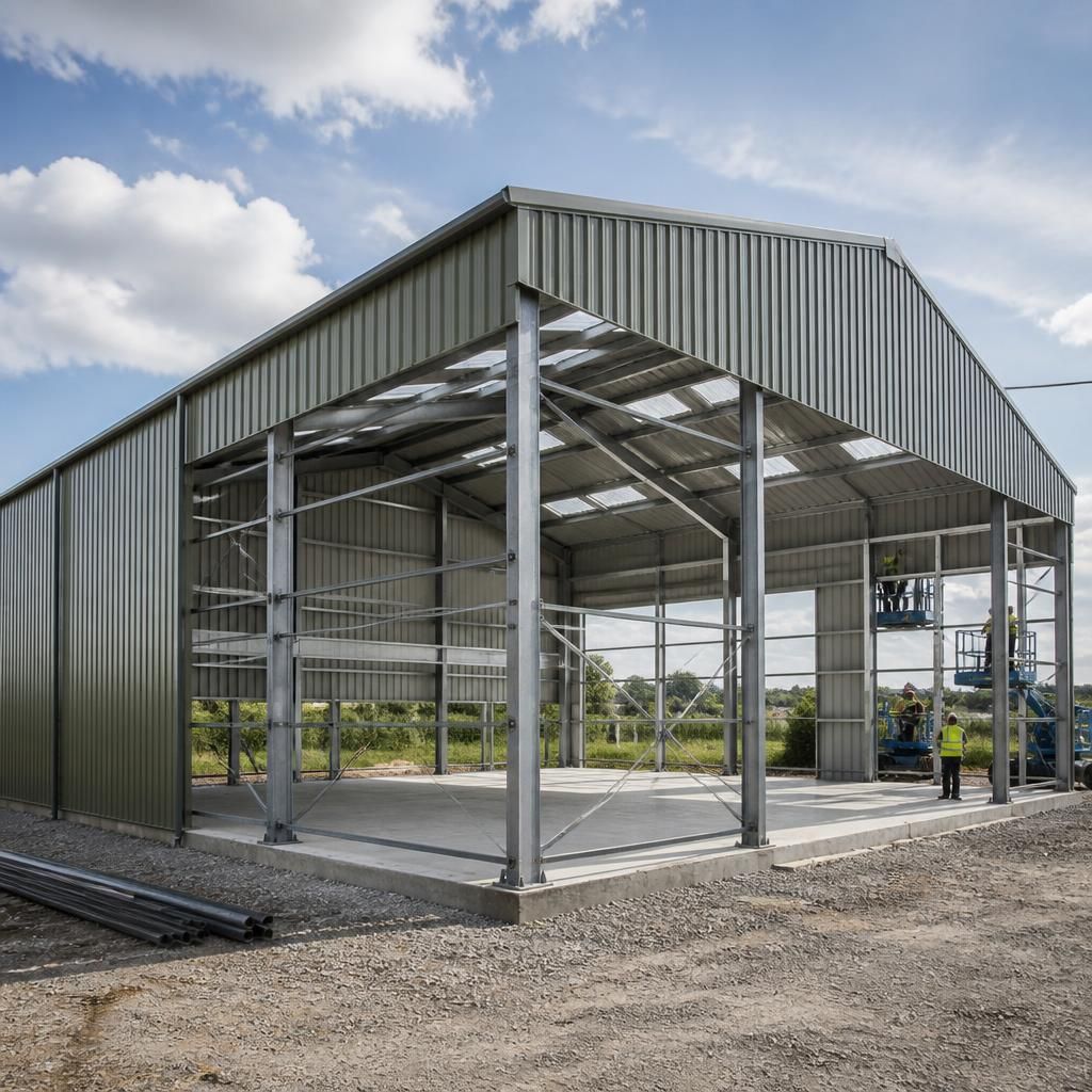 Steel agricultural building frame with roof and wall cladding under construction