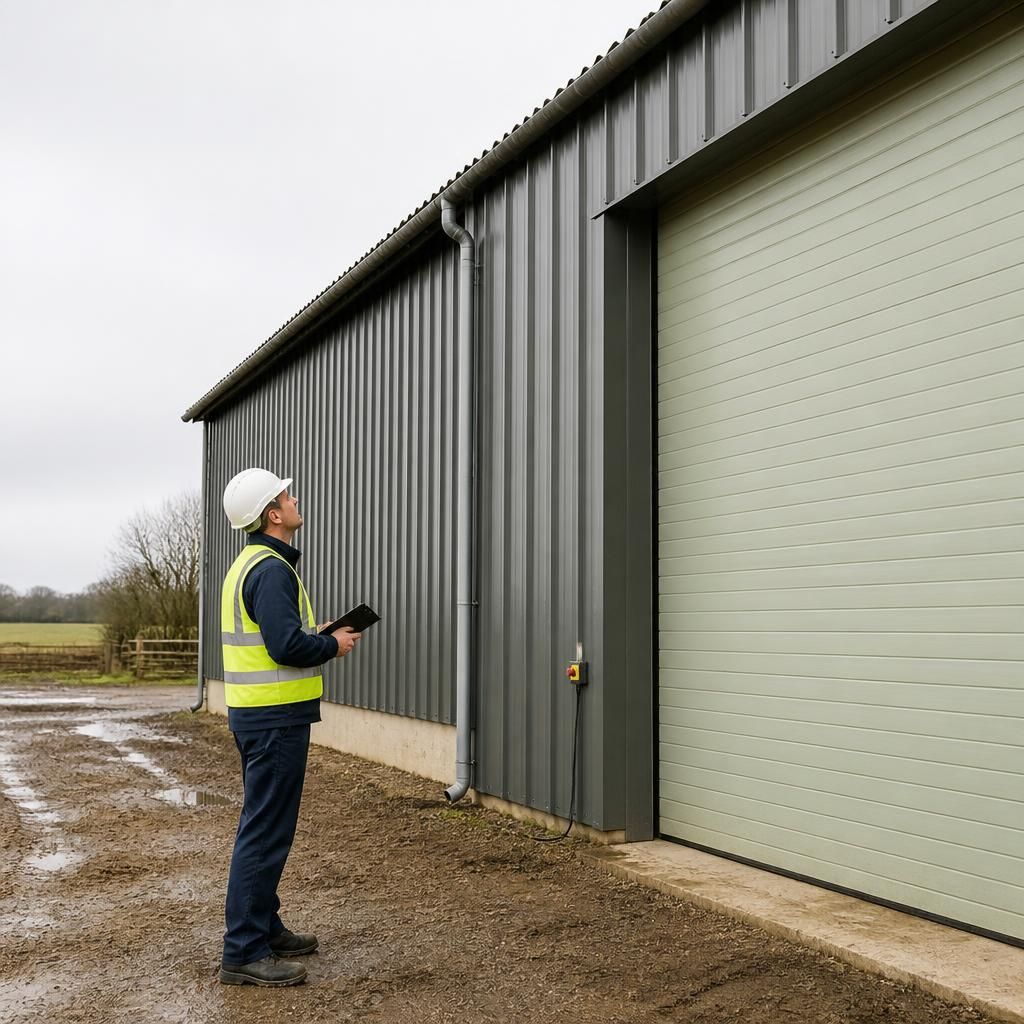 Worker inspecting the roof and cladding of a steel agricultural building