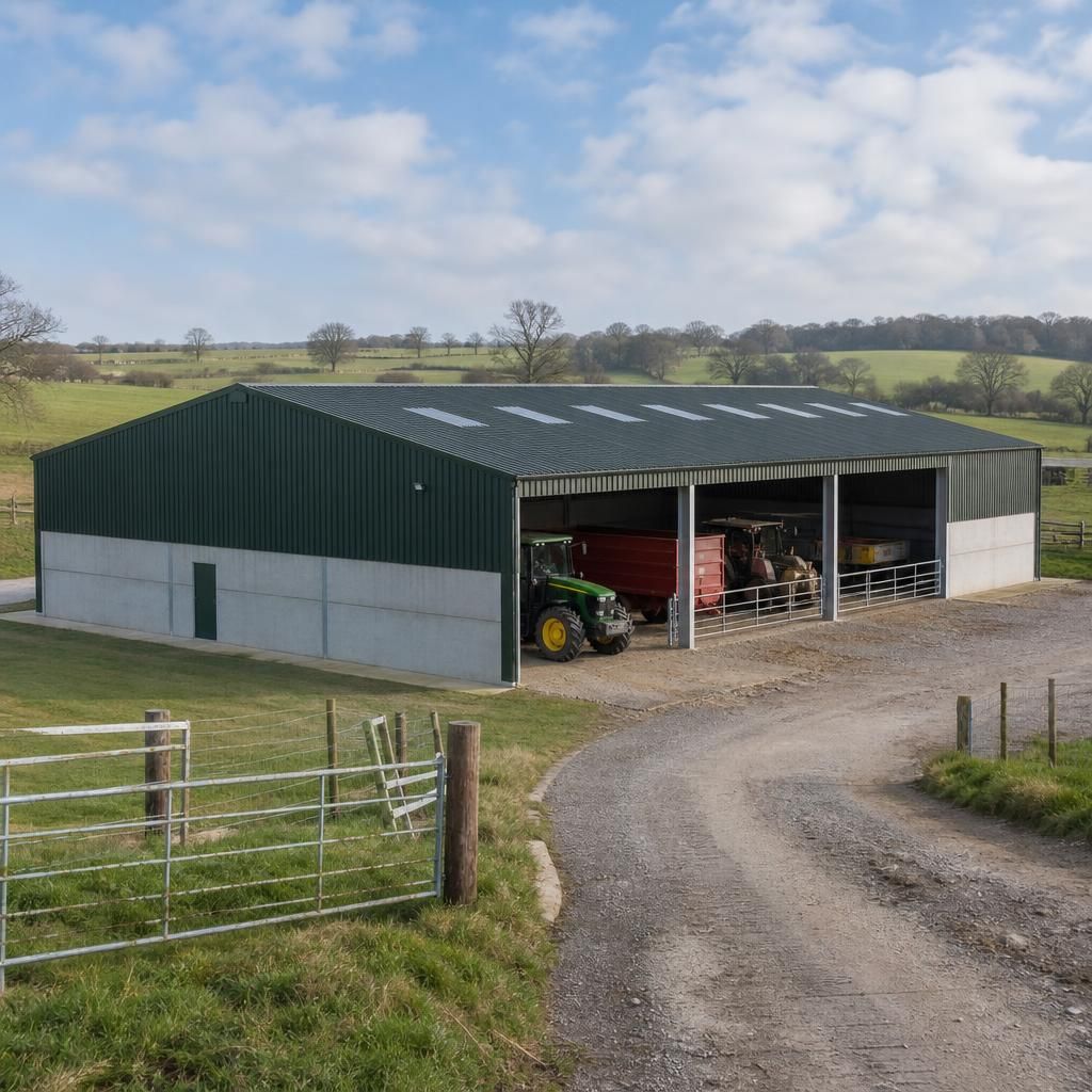 Steel agricultural building beside a farm access track with surrounding fields