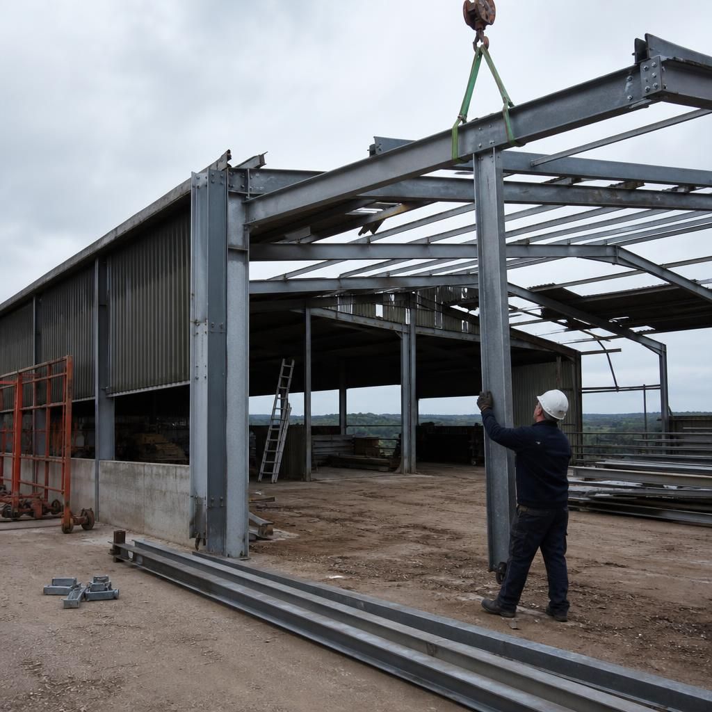 Bolted steel frame being dismantled from an agricultural building