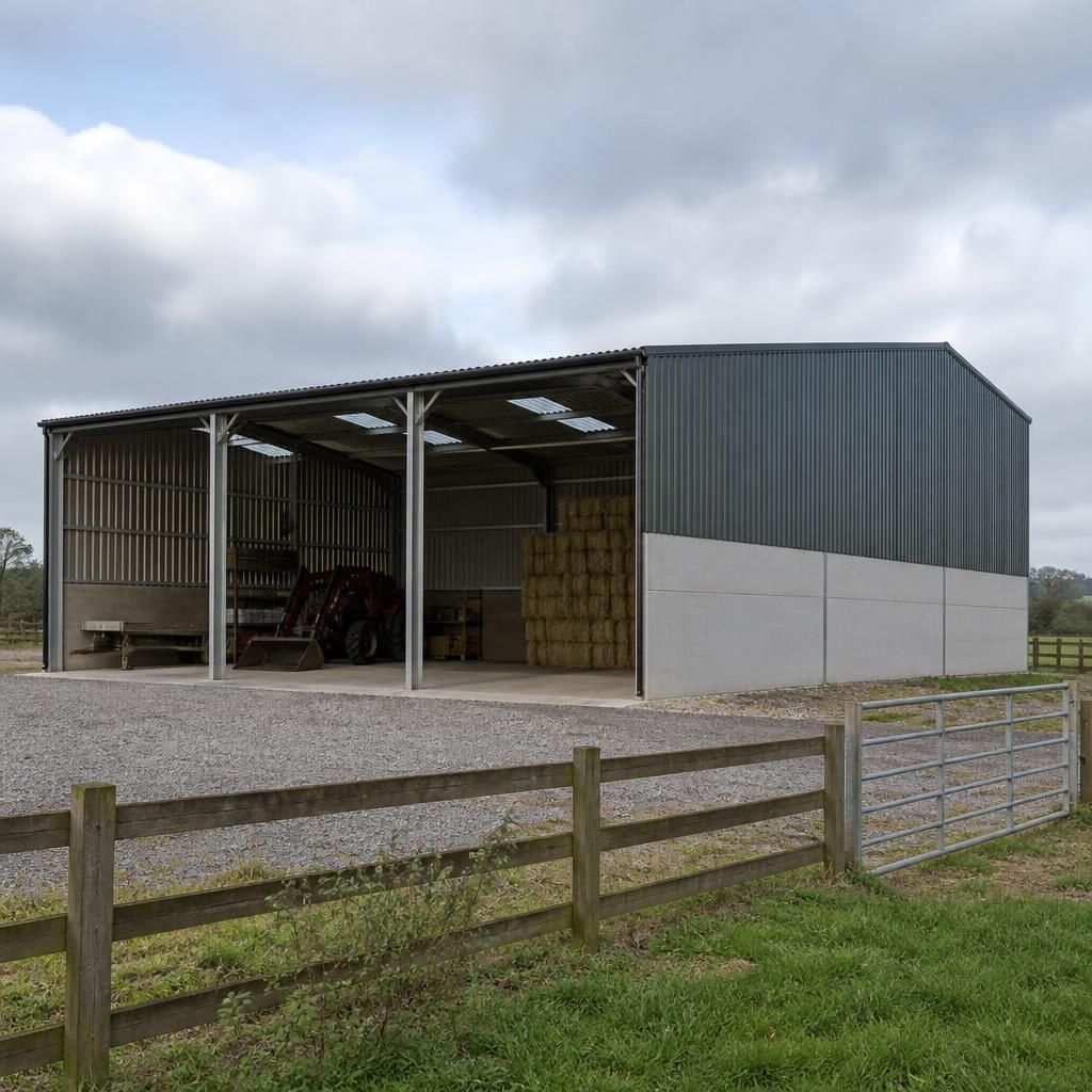 Temporary steel-framed agricultural building beside a farm field