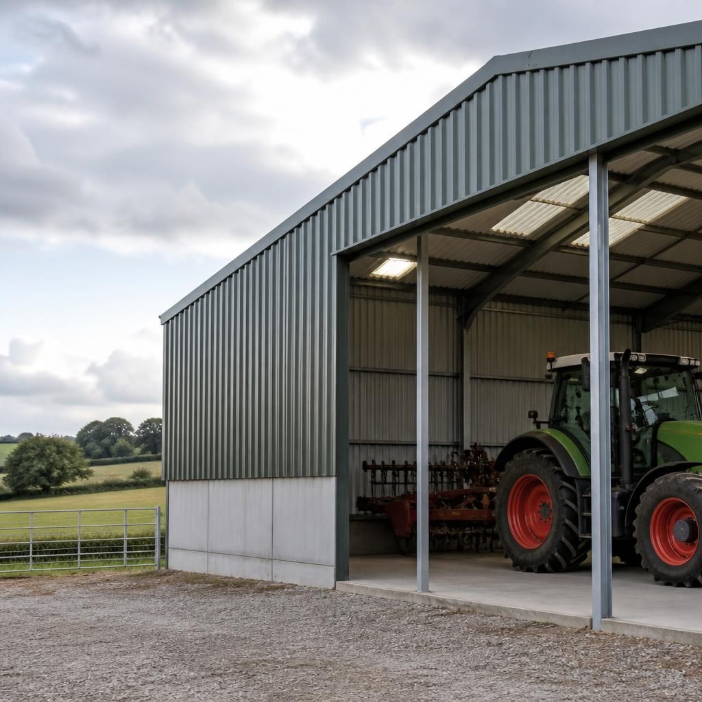 Temporary farm building with profiled steel wall and roof cladding beside fields