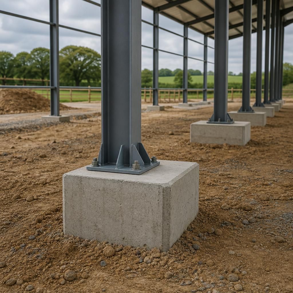 Reinforced concrete pad foundations beneath steel columns for an agricultural building