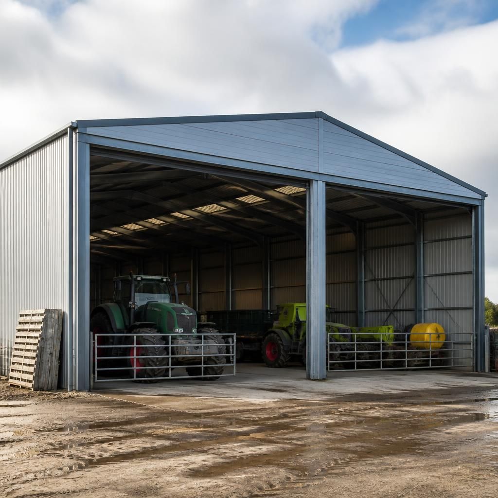 Temporary steel-framed farm building with open access doors and agricultural machinery inside