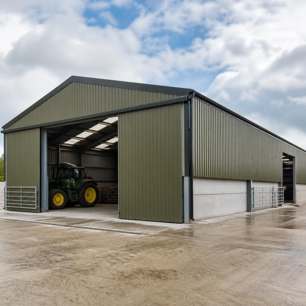 Agricultural steel building with profiled wall and roof cladding