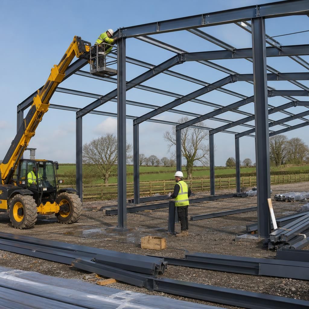 Workers assembling a steel frame for an agricultural shed