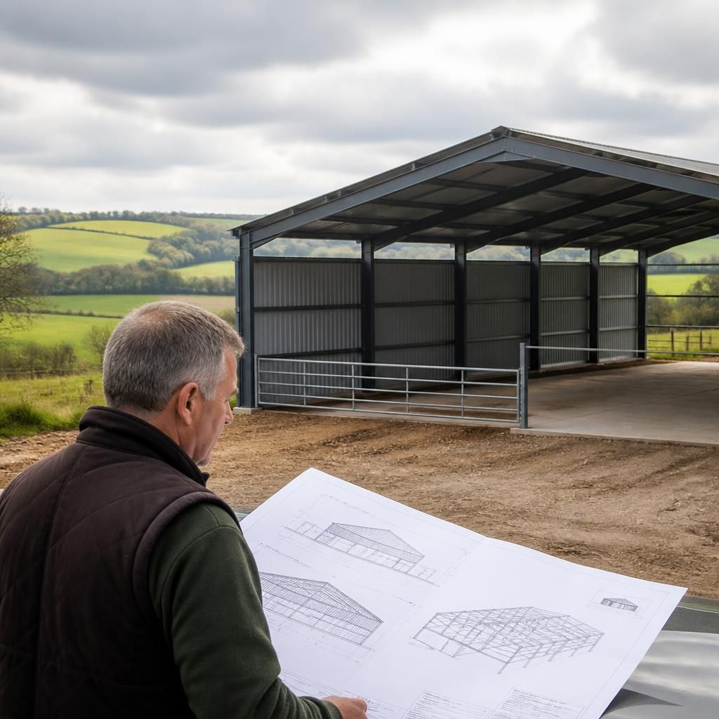 Steel-framed agricultural shed beside farm fields with planning elevation drawings