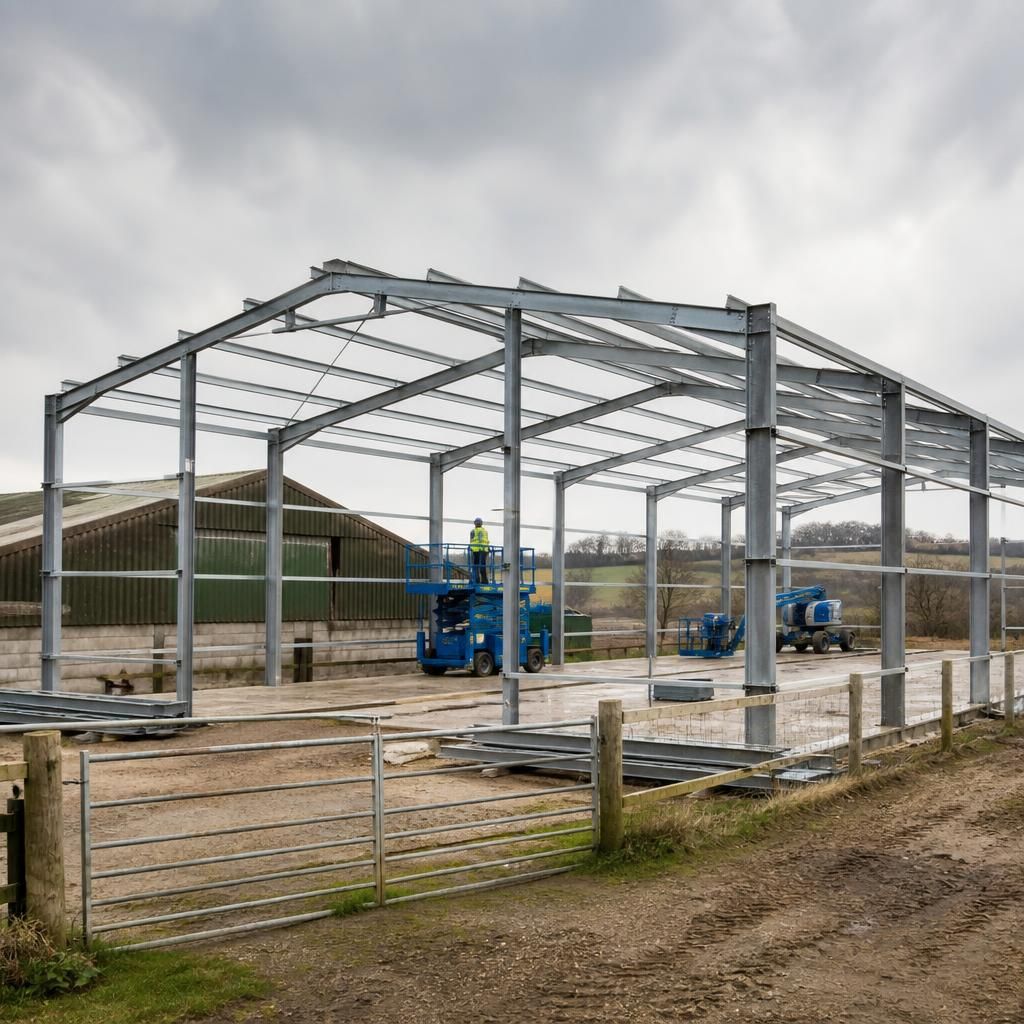 Steel frame of an agricultural shed under construction beside a farmyard