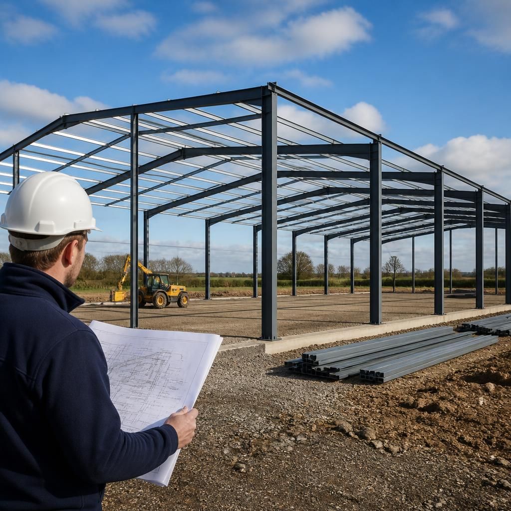 Steel frame for an agricultural shed on a prepared construction site
