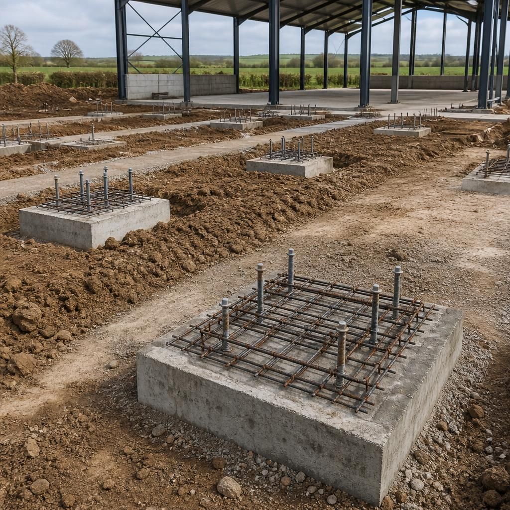 Concrete column pads and reinforcement prepared for a steel-framed farm building